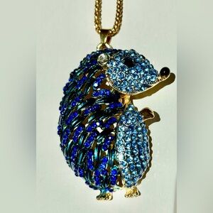 Blue and Gold Hedgehog Rhinestone Pendant Necklace